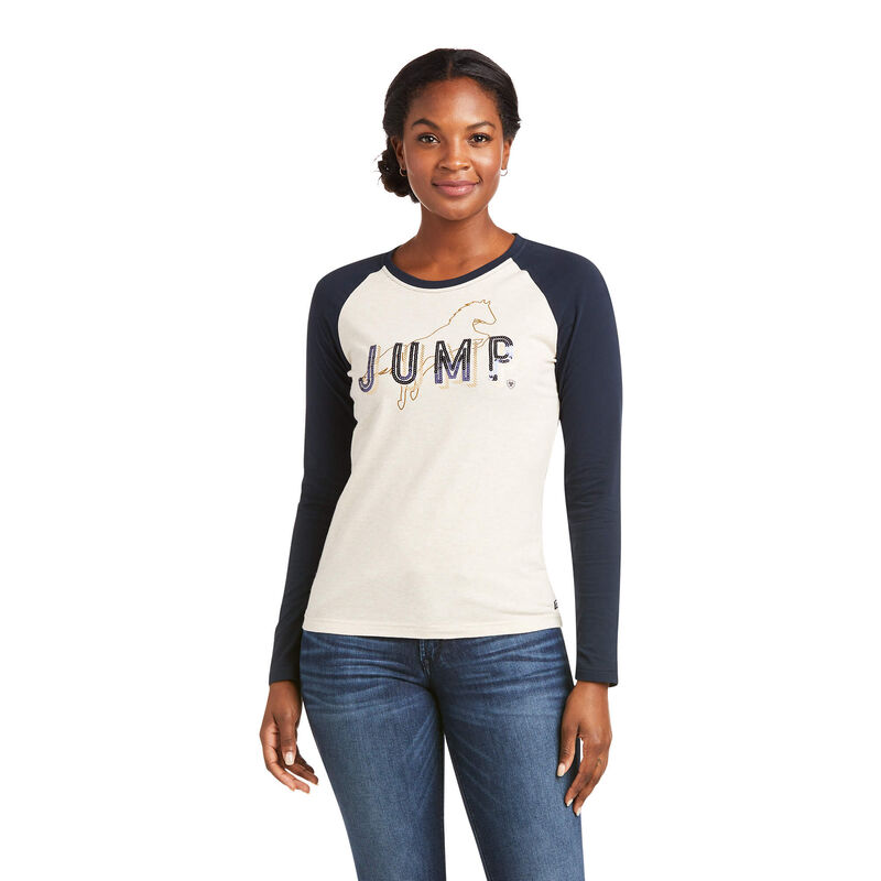 Camisetas Ariat Jump Creme/Azul Marino Mujer - Chile 031-UVGJIS